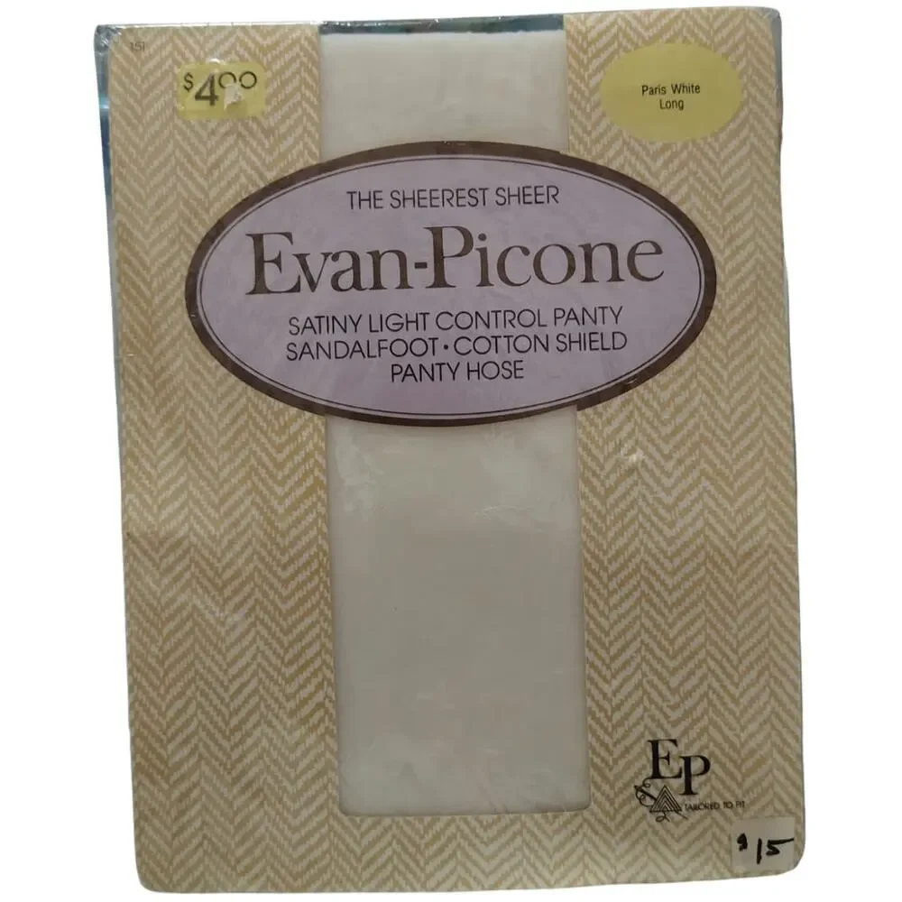 80s Evan-Picone Sheerest Sheer Paris White Sandal Foot Hosiery Pantyhose SZ Long